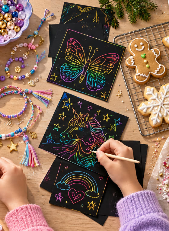 Bright scratch art designs on black craft cards