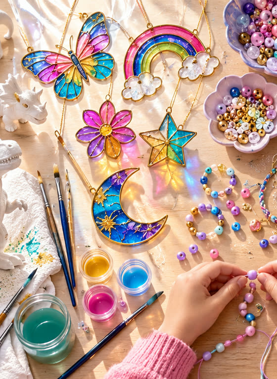 Colourful painted suncatchers on a craft table